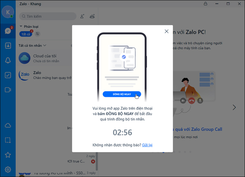Xác nhận trên điện thoại để bắt đầu quá trình đồng bộ tin nhắn zalo từ máy tính sang điện thoại
